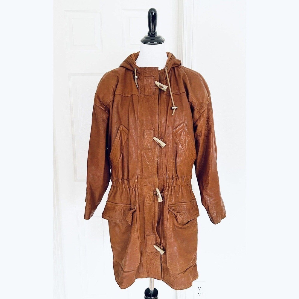 Vintage Leather Hooded Trench Coat Jackete Toggle Plaid Pockets Long Brown M
